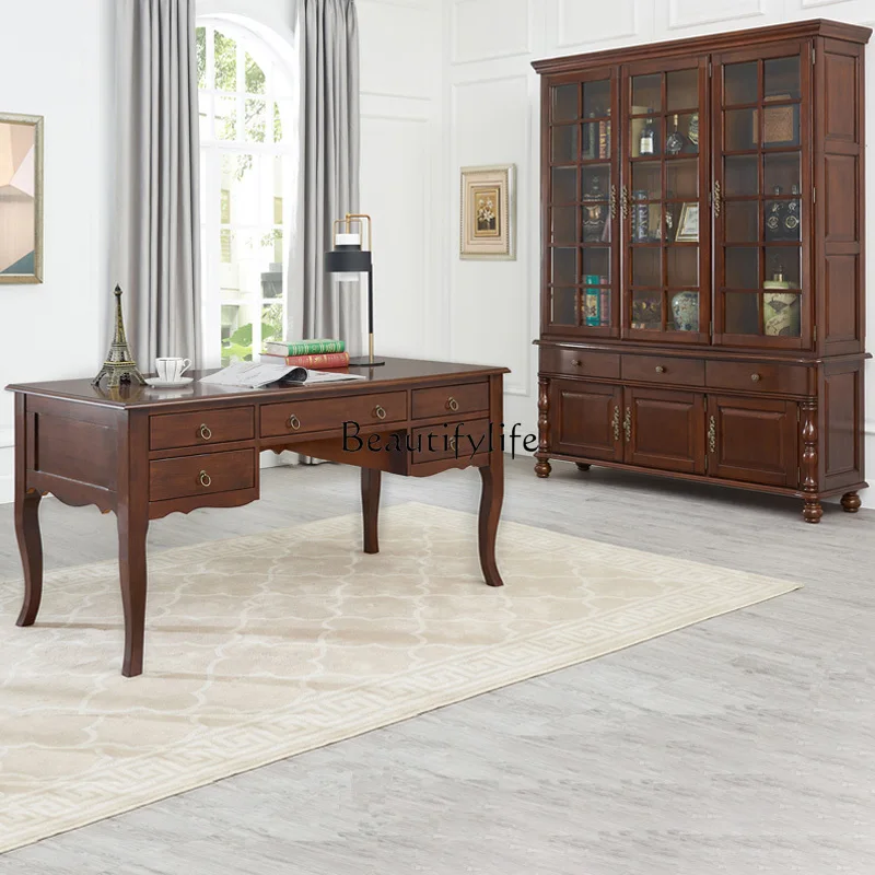 High-End American Style Desk Home Use All Solid Wood European Style Computer Desk Light Luxury retro Study Room