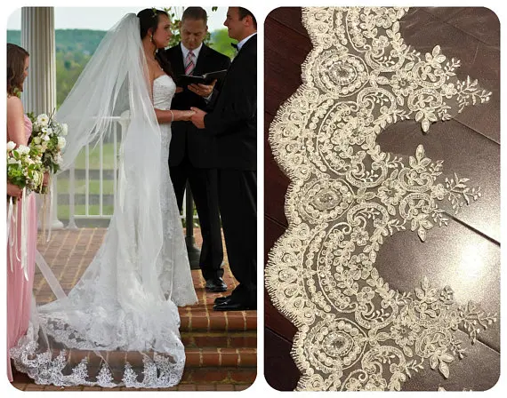 Kant bruiloft sluier kathedraal ivoor veil lange bridal accessoires wedding bridal applique lace white wedding tops vrouwen