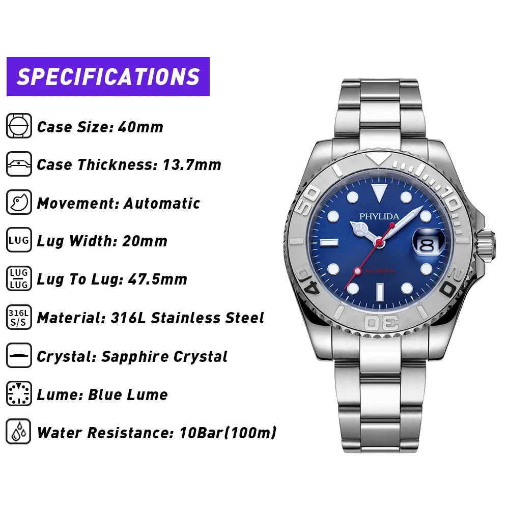 PHYLIDA 40mm Blue Dial Men\'s Yacht Style Watch Automatic MIYOTA Mov\'t Sapphire Crystal Ceramic Bezel Insert 100m WR