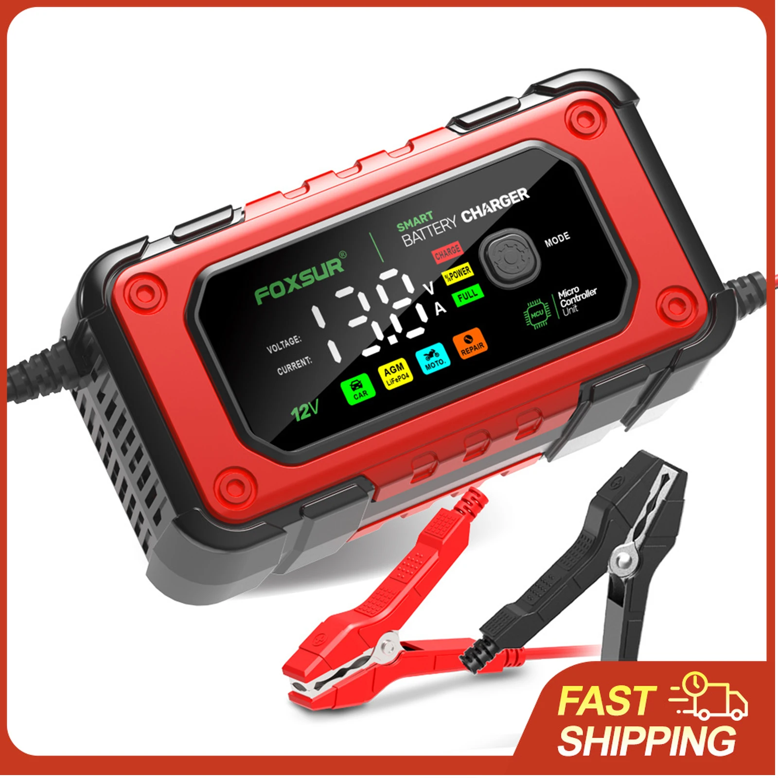 

Умное зарядное устройство FOXSUR для автомобильн 12В 7А с многоуровневой защитой, для AGM, литиевых, железо-кислотных и свинцово-кислотных аккумуляторов, для автомобилей, внедорожников, фургонов, мотоциклов, грузовиков