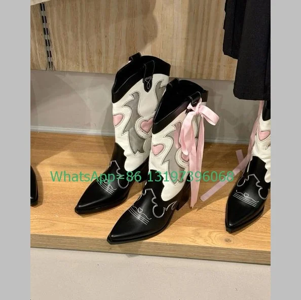 Lady Mix Color Pink Bowtie Design Knee Boots Chunky Heel Pointed Toe New Arrive Runway Cowboy Boots Footwear Black Pu Size 33-47