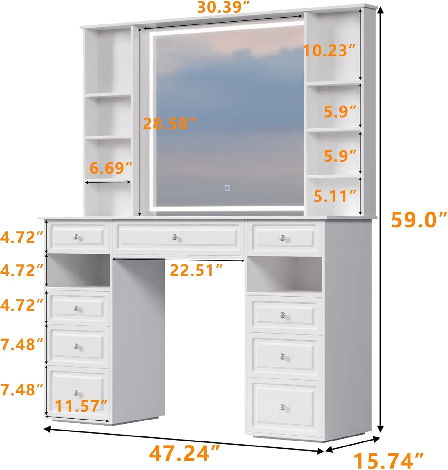 Mirror and Lights, Table with 9 Drawers & 10 Open Storage Shelves, Brightness Adjustable, Dressing Table for Bedroom, Women Girl