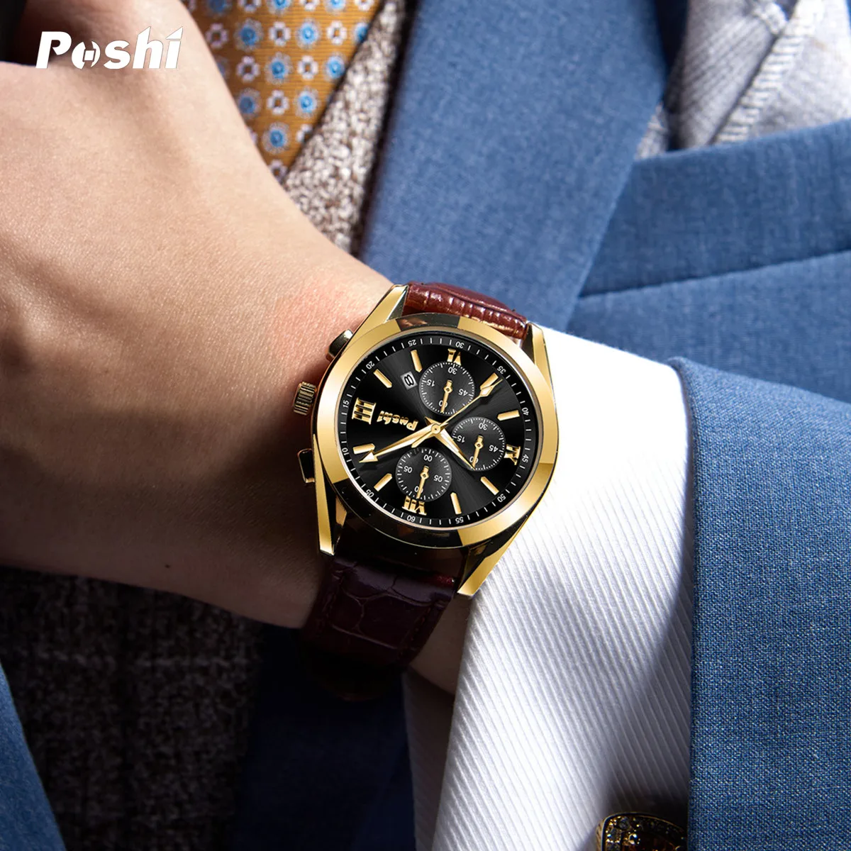 POSHI New Fashion Mens Watches Quartz Movement Watch Luxury Leather Strap with Calendar Waterproof Sport Wristwatch for Man 2023