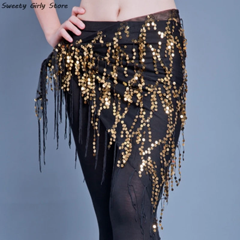 Sequins Coin Belly Dance Chiffon Skirt for Women Indian Dancing Practice Performance Hip Scarf Waist Chain Shiny Belts Clubwear