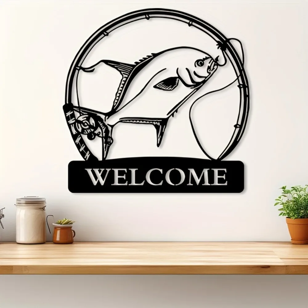 1pc Rustic Metal Fish Wall Art, Iron Angler Pole Sculpture for Indoor Outdoor Nautical Decor, Fishermen Gift