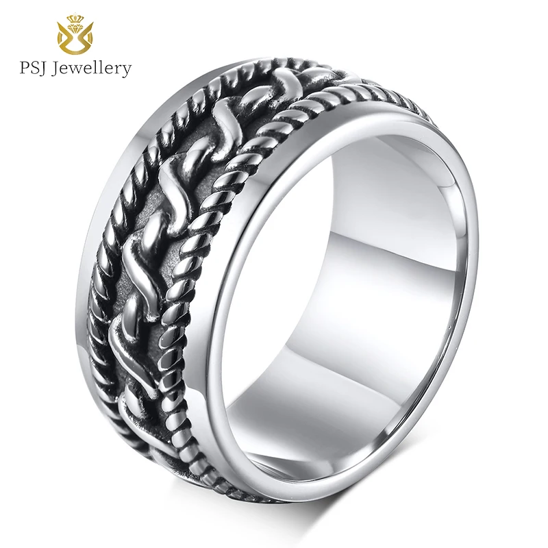 

PSJ Fashion Vintage Male Jewelry Hip-Hop 9MM Casting Titanium Stainless Steel Finger Rings for Men Wedding Engagement