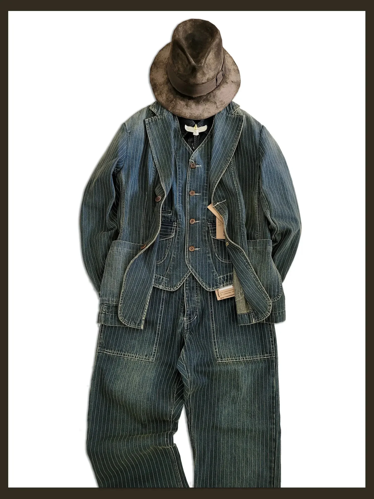 Gilet en denim avec poches rayées pour hommes, gilet safari occidental, gilets vintage pour hommes, coupe couvertes