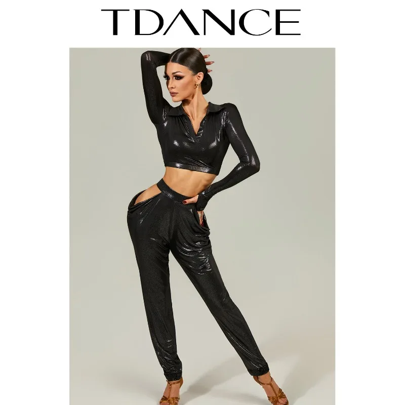 Customized TDANCE Latin Practice [Waist Hollow Glitter Pants] Haren Pants Tight Feet for Skinny Adult Class GL-248