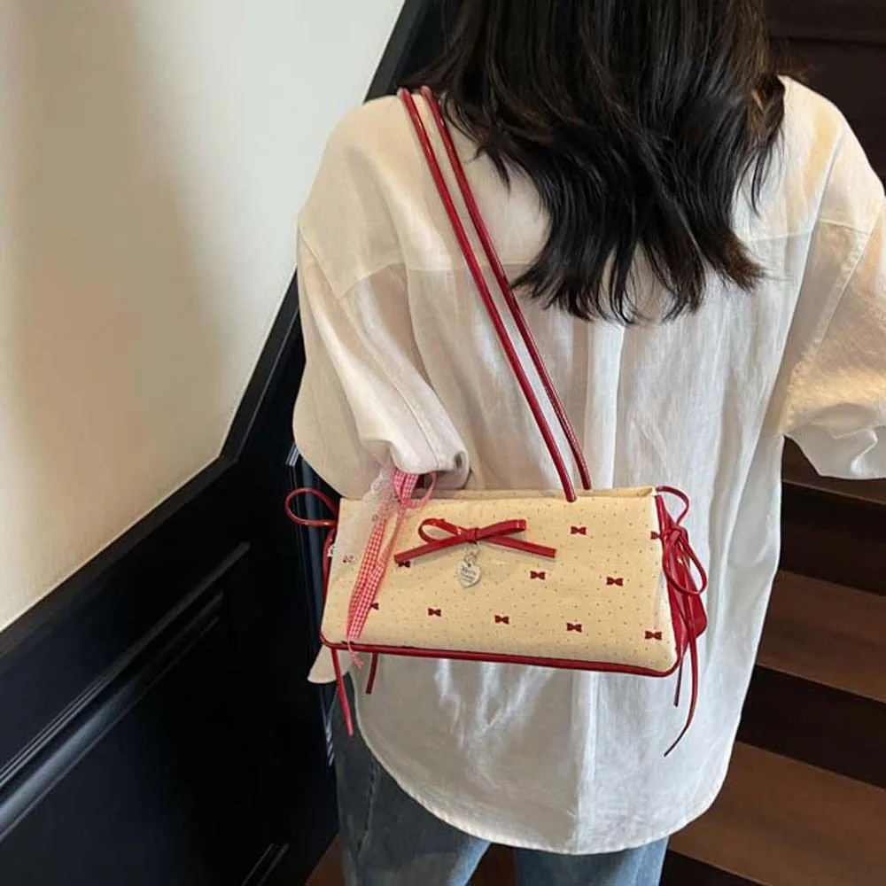 

All-match Sweet French Stick Handbag Contrast Color Large Capacity Bow PU Shoulder Bag Texture Waterproof Underarm Bags Girls