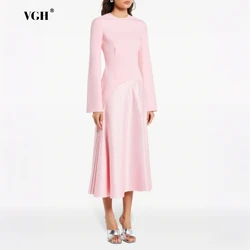 VGH Celebration Evening Dress for Women O Neck Long Sleeve High Waist Spliced Folds Elegant Temperament Midi Dresses Female New