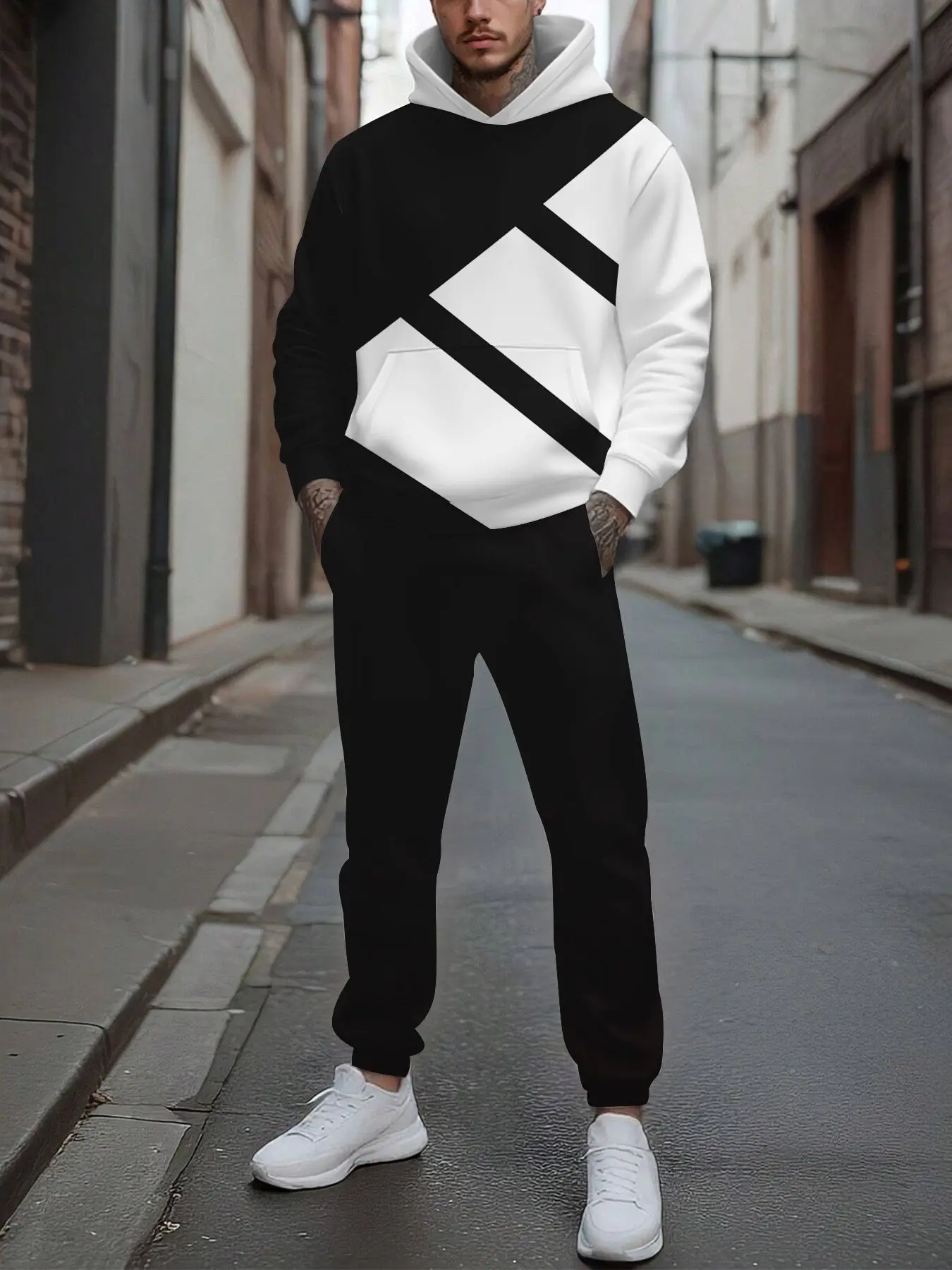 2-częściowy zestaw, europejski i amerykański modny męski komplet sportowy: bluzka z długim rękawem i długie spodnie