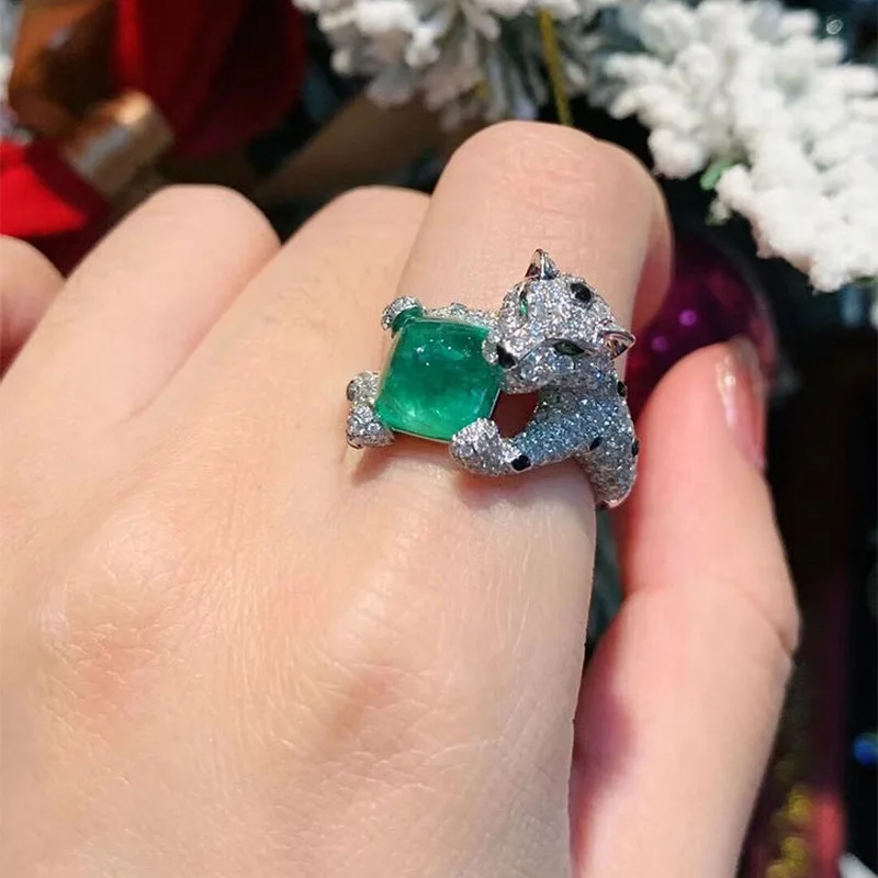 925 sterling silver Caibao French luxury leopard emerald ring with adjustable ring opening for women, high-end temperament