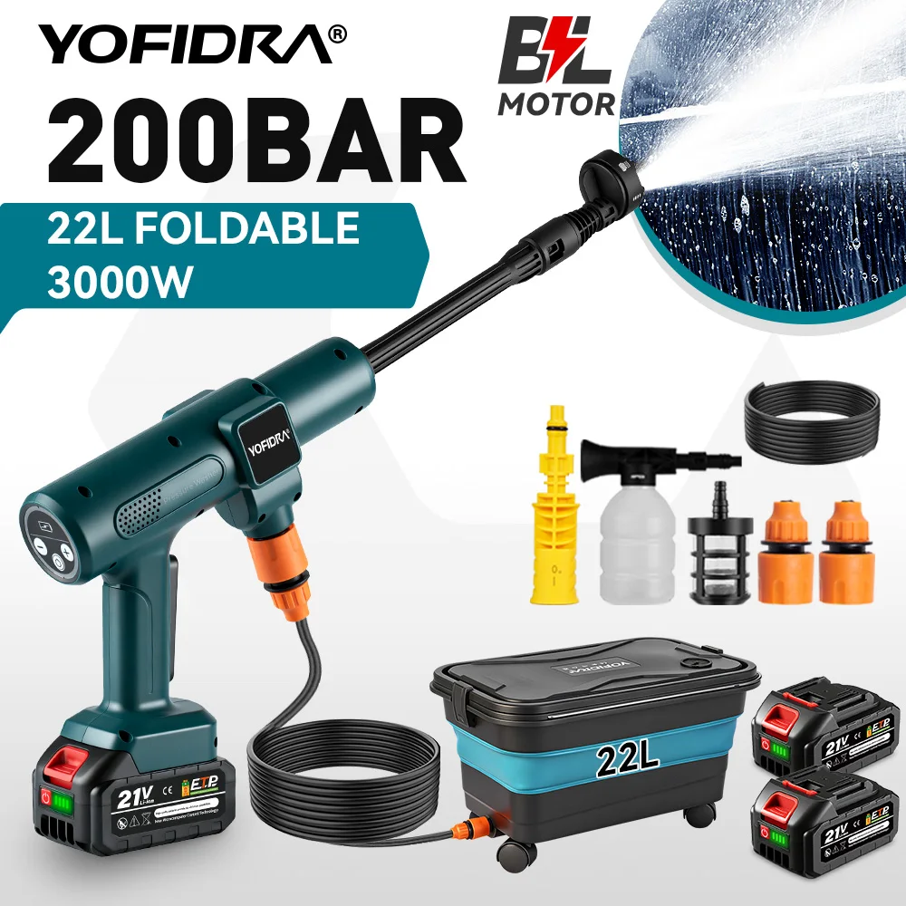 YOFIDRA 200Bar Borstelloze Elektrische Hogedrukreiniger Pistool 3000W Spuitpistool Autowas Tuinreiniger voor Makita 21V Accu Pin