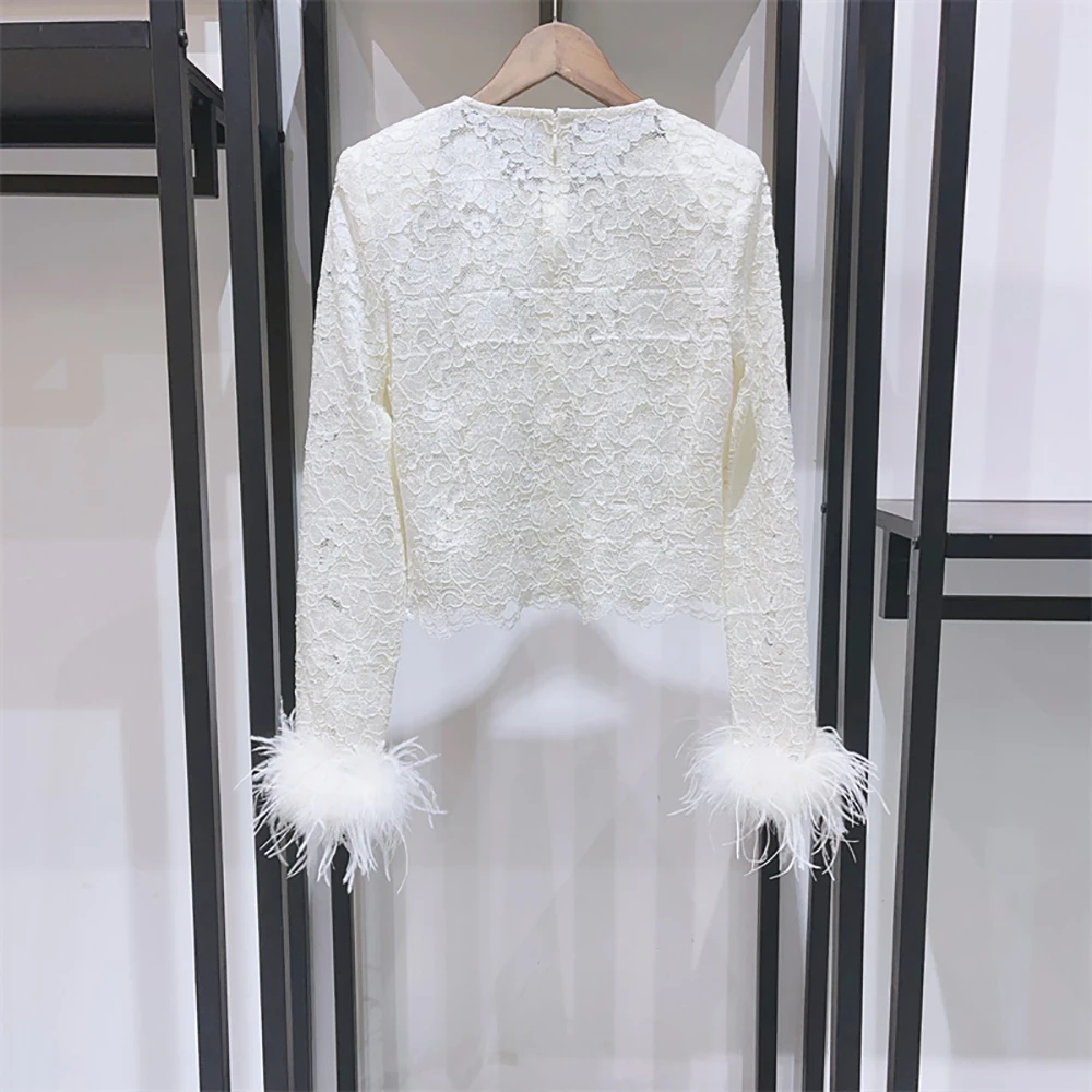 Feather-trimmed Lace Women's T-Shirt Sexy Ruffled Back with Zipper Round Neck Long Sleeve T-Shirt Top 2026 Early Spring New Y2k