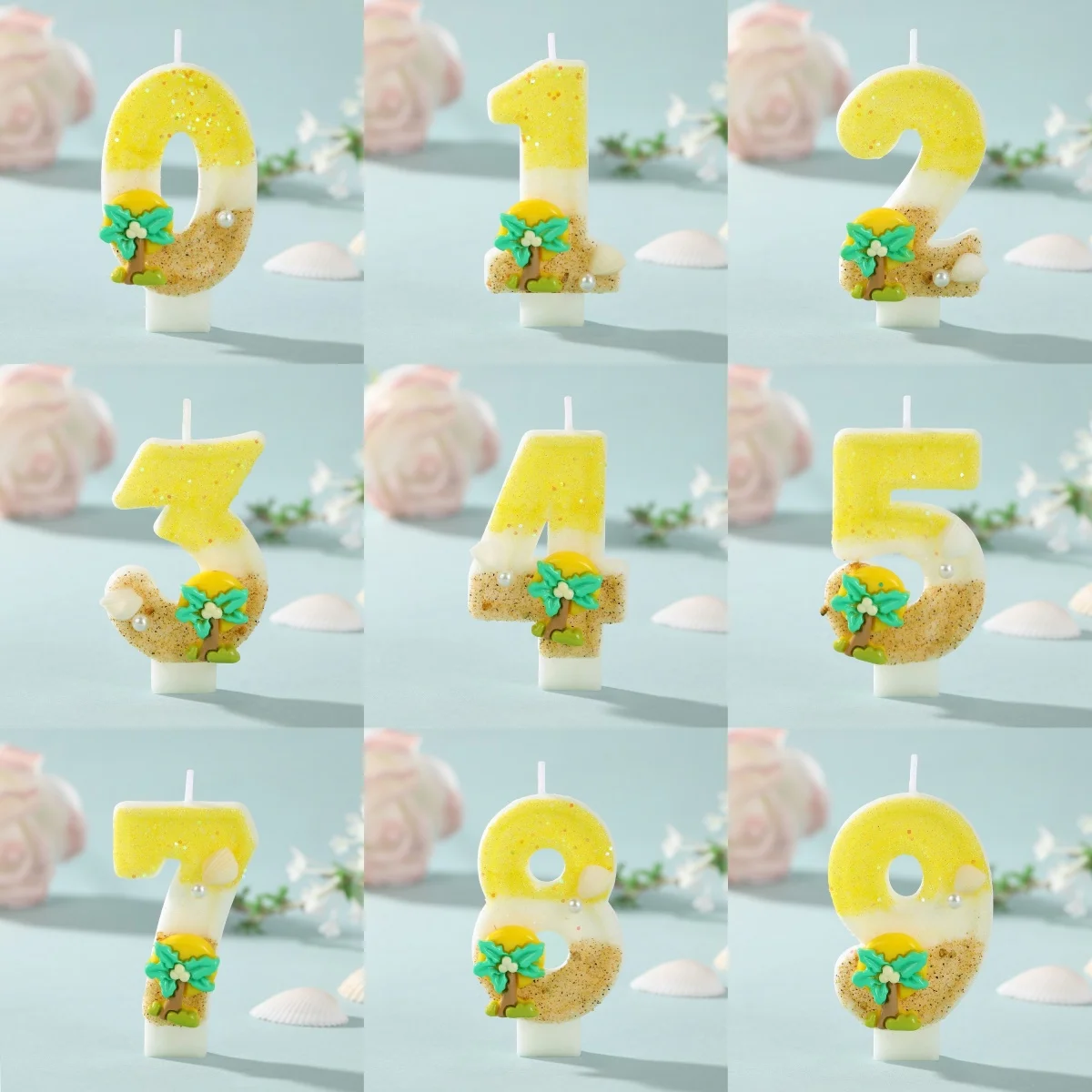 New Number Cake Candle Coconut Tree Ocean Glitter Birthday Candle 0 1 2 3 4 5 6 7 8 9 3D Number Topper Birthday Party Cake Decor