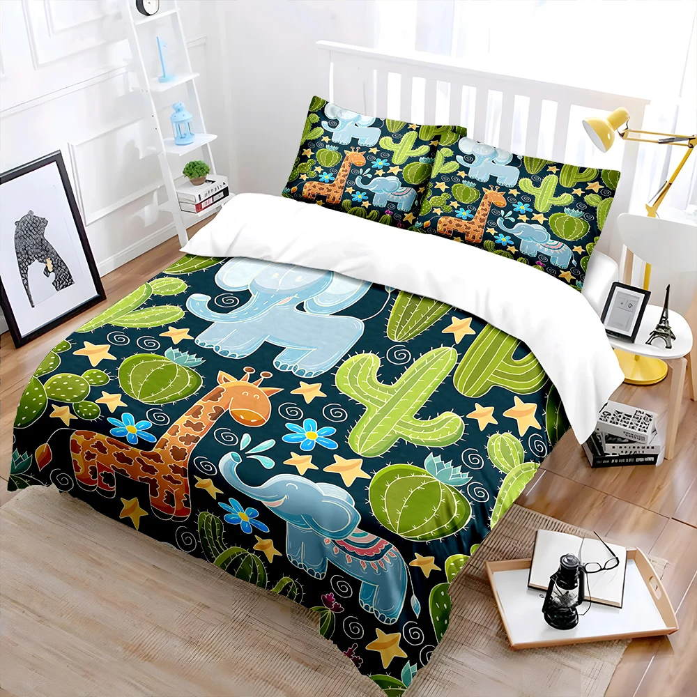 Cartoon giraffe elephant cactus stars Print Duvet Cover Set Digital Print Polyester Bedding with Zipper Closur for kids gifts