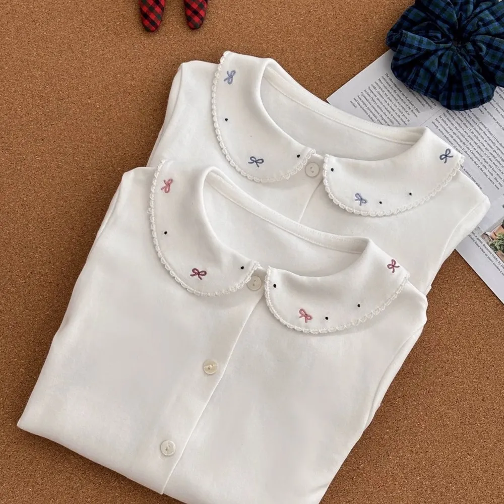 

fall baby girl clothes kids tops cotton soft Bow pattern embroidered doll collar Girls' long sleeved shirt white base shirt