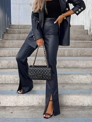 High Waist Women Vintage Solid Flare Pants Elegant Office Lady Open Fork Trousers All Season Sexy Streetwear Slim PU Long Pants