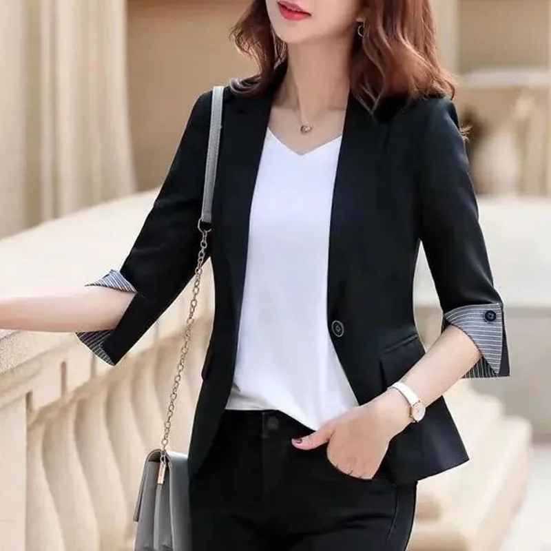 2024 Summer Korean Commuting Simple Fashion Flip Collar Single Button Slim Fit Versatile Three Quarter Professional Suit Coat