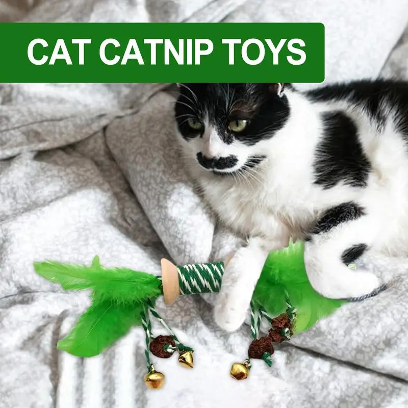 Cat Feather Chew Toy Cat Teething Chew Toys Wear-resistant Kitten Interactive Toy With Bell Wood Pet Toy Bite-Resistant Home Use