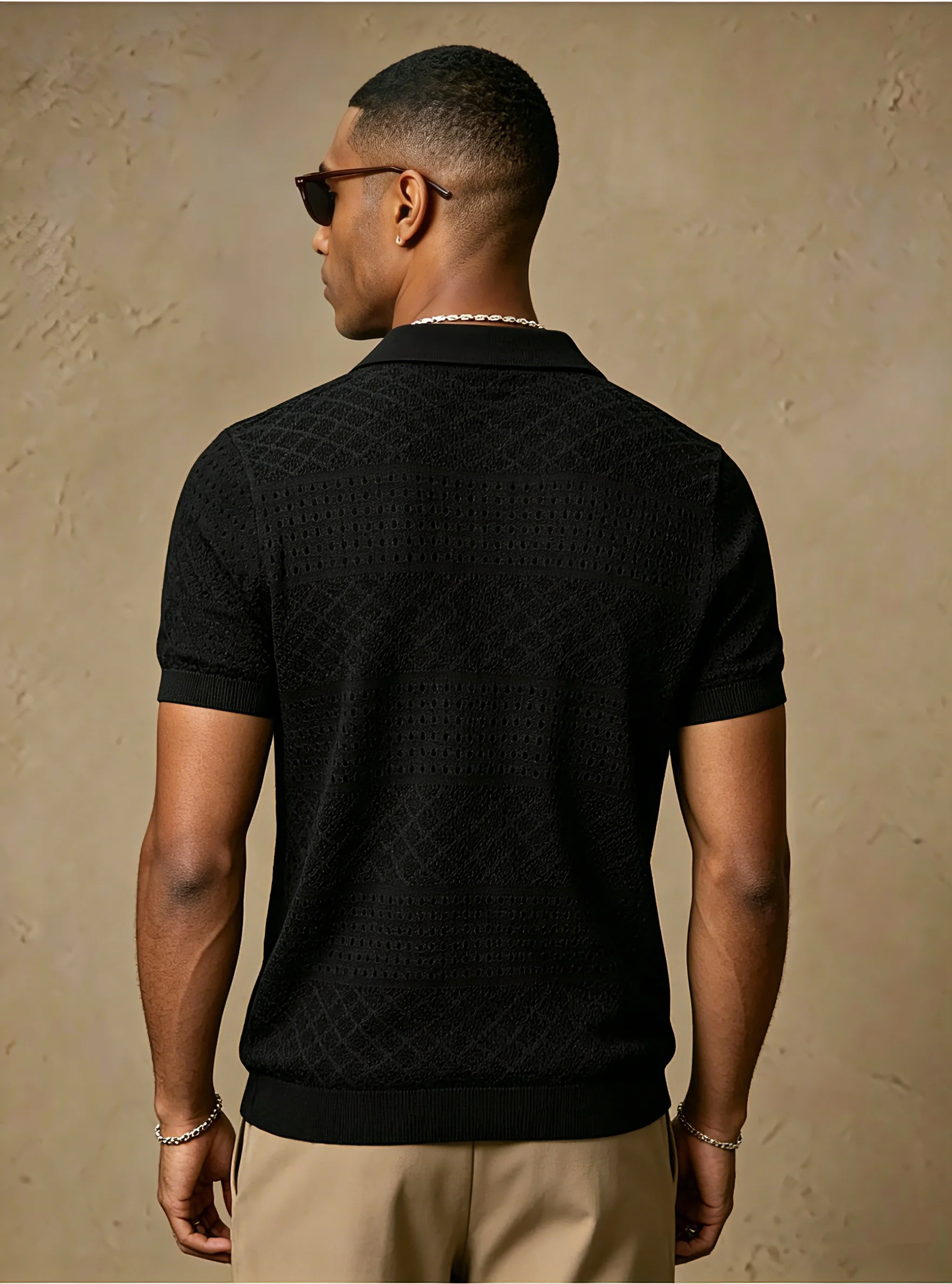 Men Summer Hollow Out Knit Polo Shirt Breathable Crochet Short Sleeve Tops Vintage French Style Lapel Knitted T-Shirt Casual Sli