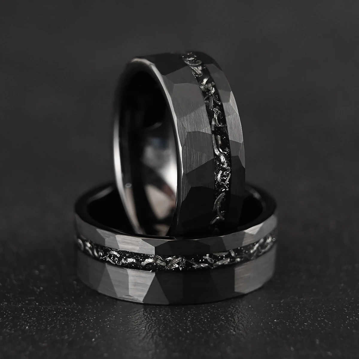 8mm Men's Black Tungsten Carbide Wedding Bands Inlay Meteorite Classic Hammered Engagement Anniversary Gift For Boy Comfort Fit