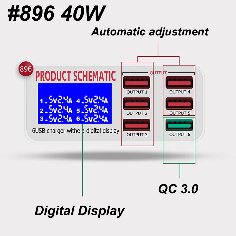 6 Ports Digital LCD Display LED LIGHT 5V 8A 40W USB Fast QC 3.0 Charger Charging Desktop Stand For Smart Tablet PC Mobile Phone