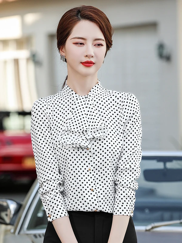 Fashionable Polka Dot Chiffon Shirt Women's Spring Design Sensation OL Commute Versatile Sash Shirt Elegant Ladylike Polyeste...