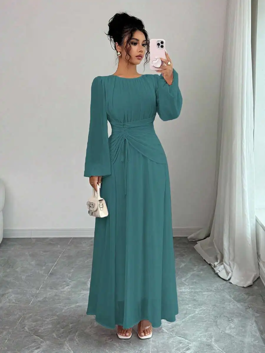 Elenzga Women Summer Burgundy Elegant Autumn Maxi Dress,Modest French Sicily Round Neck Ruched Waist Drawstring A-Line Long