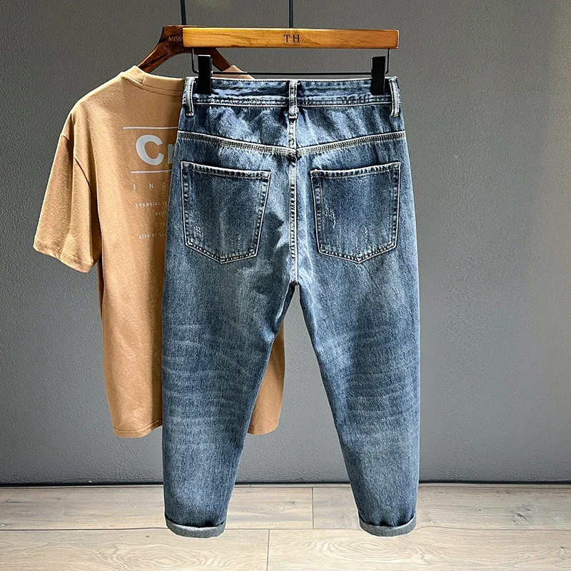 New Frayed Jeans Men Baggy Personality Tapered Casual Pants Streetwear Hip Hop Vintage Blue Denim Trousers Male Trendy Brand