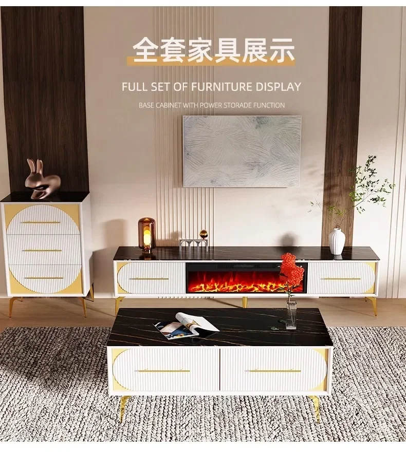 

S Light luxury fireplace TV cabinet living room simulation flame solid wood rock slab decorative fireplace rack heating furnace