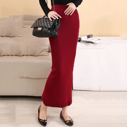 Office Ladies Elegant Knitted Long Skirts Womens 2022 New Black Red Elastic Waist Formal Maxi Skirt Female Sexy Split Up Fladas