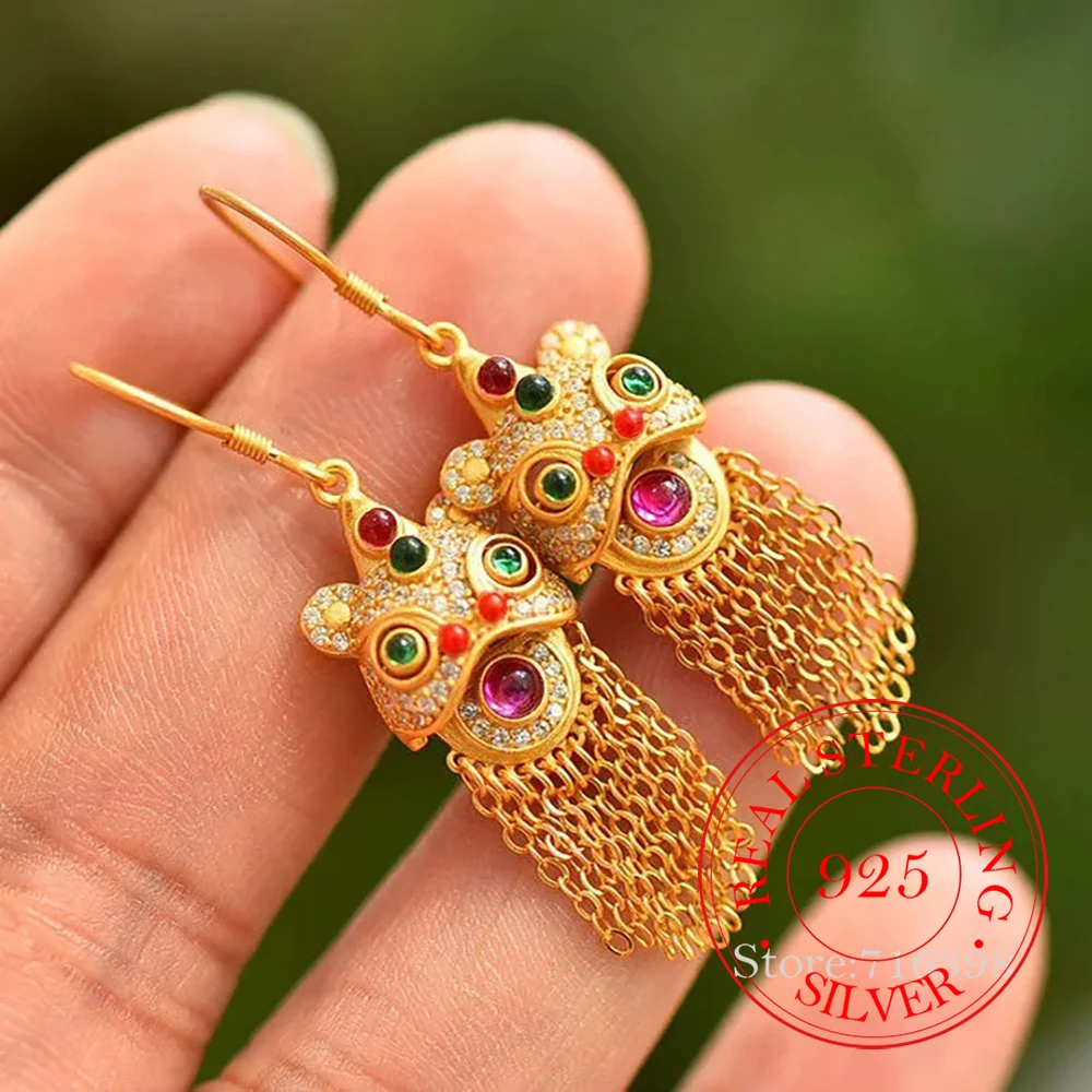 

925 Sterling Silver Jewelry 18K Gold Plated Vintage Lion Dance Long Tassel Drop Earrings for Women Wedding Party Jewelry Gift