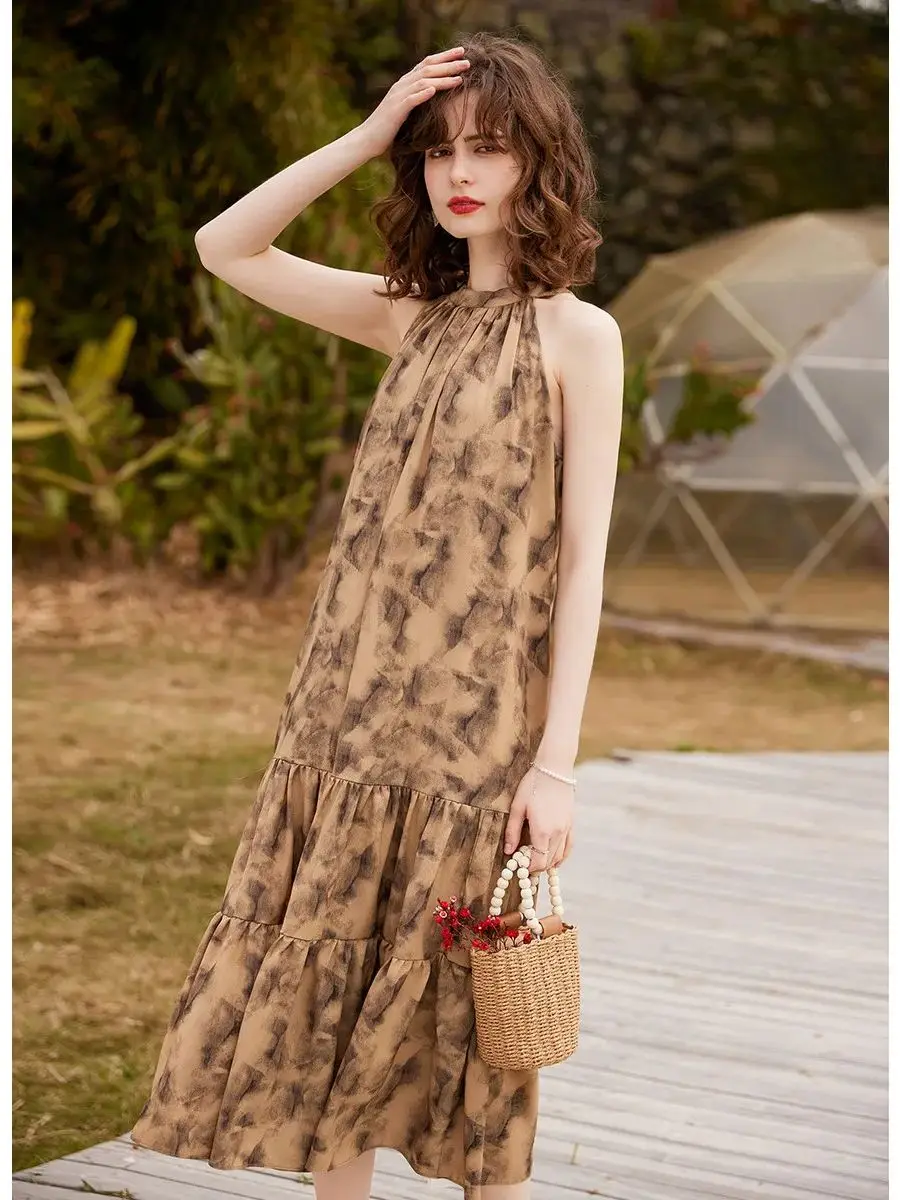 LOUIS YAO Women Dress 2024 Summer Retro Style Elegant Grace Sleeveless Loose Fit A-LINE Long Brown Dress