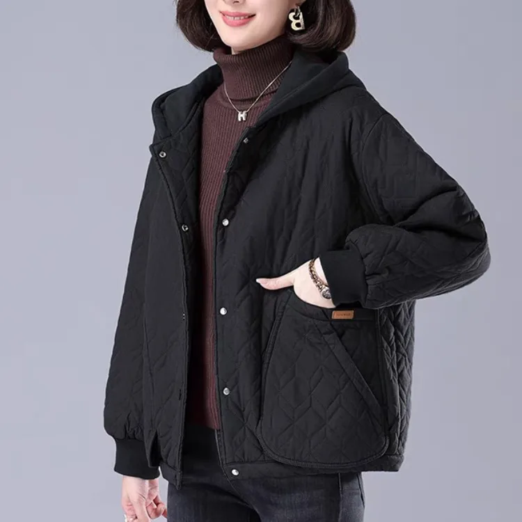 

Thickened Fleece Lined Oversized Hooded Cotton Jacket Midlife Women's Casual Outerwear Winter Coat Regular Fit Long Sleeve