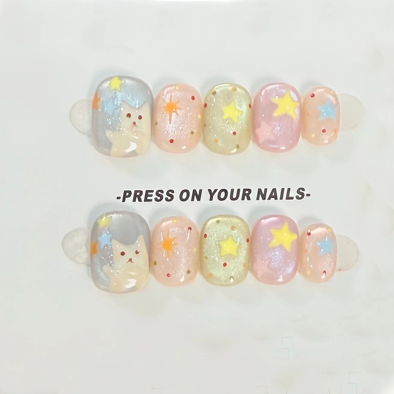 

10Pcs Handmade Press on Nails Kitten Glass Beads Cat's Eye False Nail for Women&Girls Star Polka Detachable Wearable Fake Nail