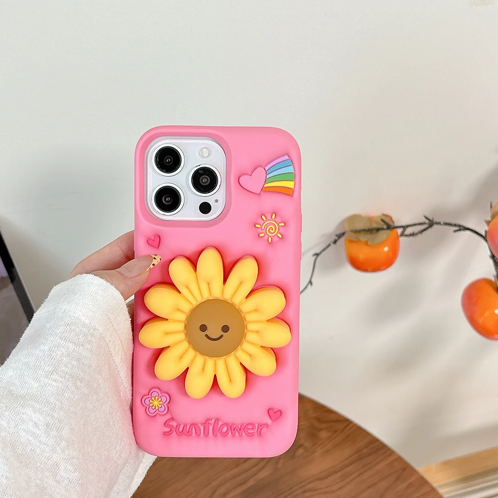 Niedliche Sonnenblumen-Teleskophalterungshülle, 3D-Blumenmuster, stoßfest, weiches Silikon, Ständerhalter-Abdeckung für iPhone 16, 15, 14, 13, 12 Pro Max – Detail 4
