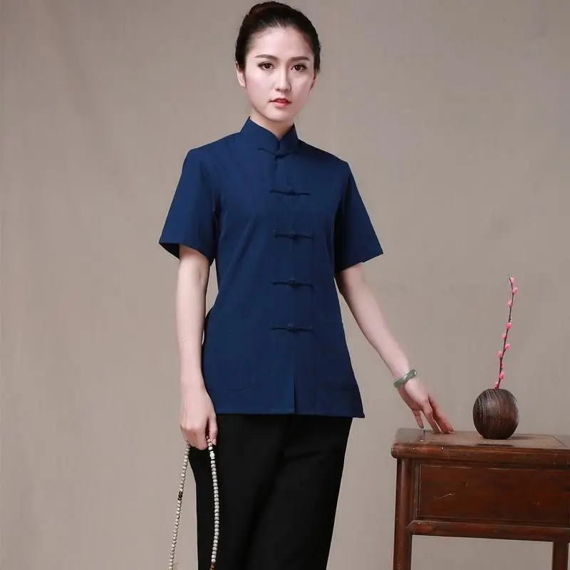 New Chinese Style Men Women Shirt Lightweight Short Sleeve Summer Cotton Linen Pure Fabric Buttoned Zen Clothing Traditional ...