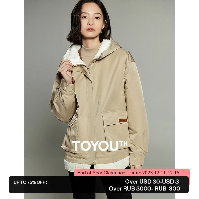 

Toyouth Women Coat 2023 Winter Long Sleeve Lapel Loose Jacket Contrast Stitching Large Pocket Casual Sport Khaki Clothes