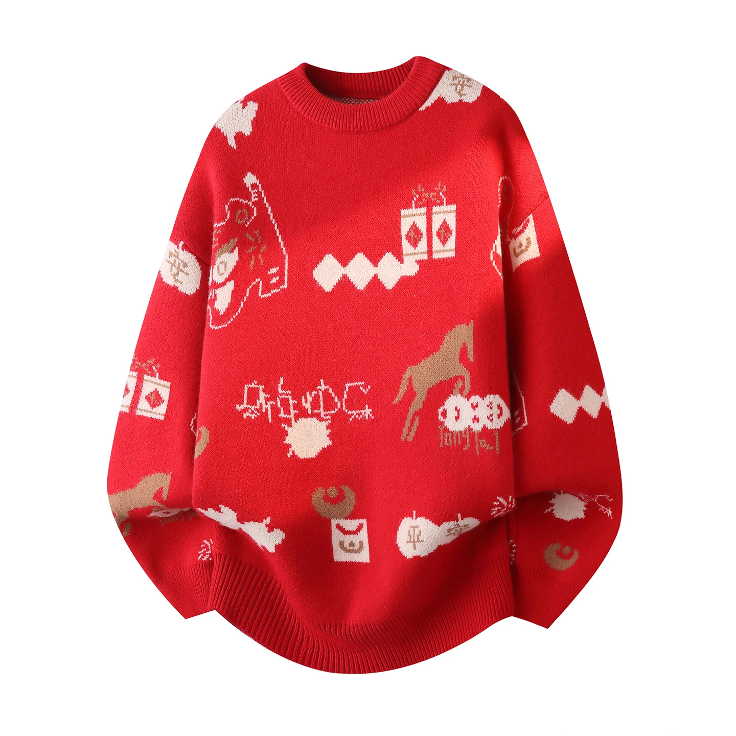 

Красный утепленный свитер с вышивкой, круглый вырез, свободный крой, вязаный свитер для мужчин, повседневная теплая зимняя одежда
