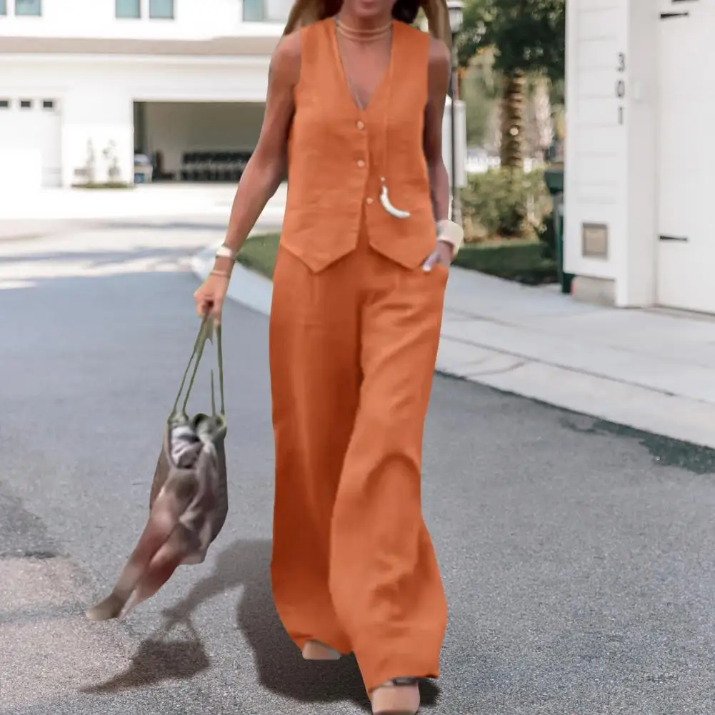 Women Two-piece Suit Stylish Women's Vest Pants Set with V Neck Top Elastic Waist Trousers Side Pockets Casual Commute for Daily