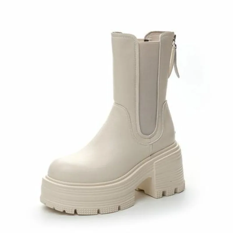 9cm Winter Warm  Round-toe Thick-soled Chelsea Boots 2025 Spring Autumn New British-style Thick-heeled Slim Chimney Boots