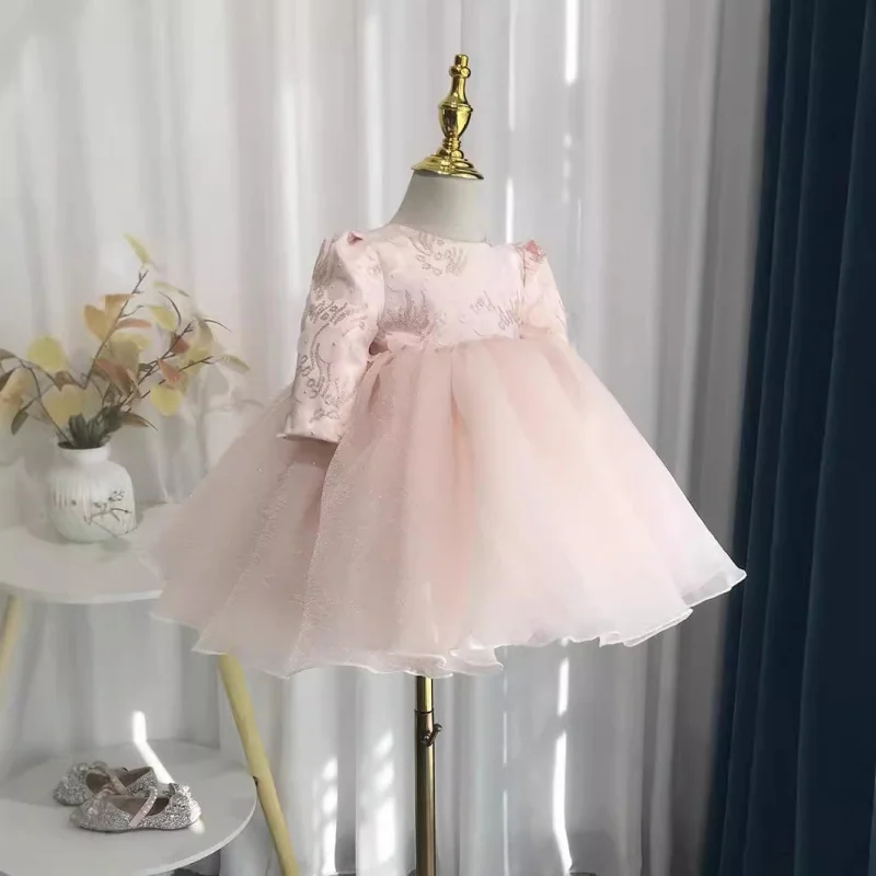 Girls' New Style First Birthday Wedding Dress Party Elegant Puffy Long Sleeve Embroidered Sequin Bow Princess Dress