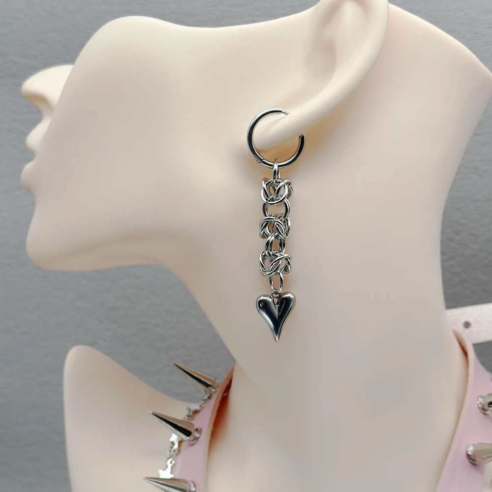 Handmade Stainless Steel Chainmail Heart Dangle Earrings Gothic Stacked Chain Drop Earrings for Women Couple Gift Jewelry