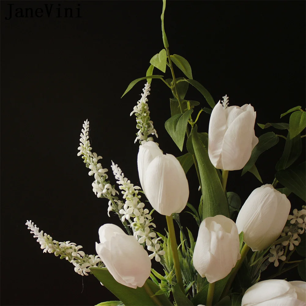 JaneVini สีขาวประดิษฐ์ Tulip ช่อดอกไม้งานแต่งเจ้าสาวผ้าไหมดอกไม้ชายหาด Buket Pengantin Flores Pequeño De Novia