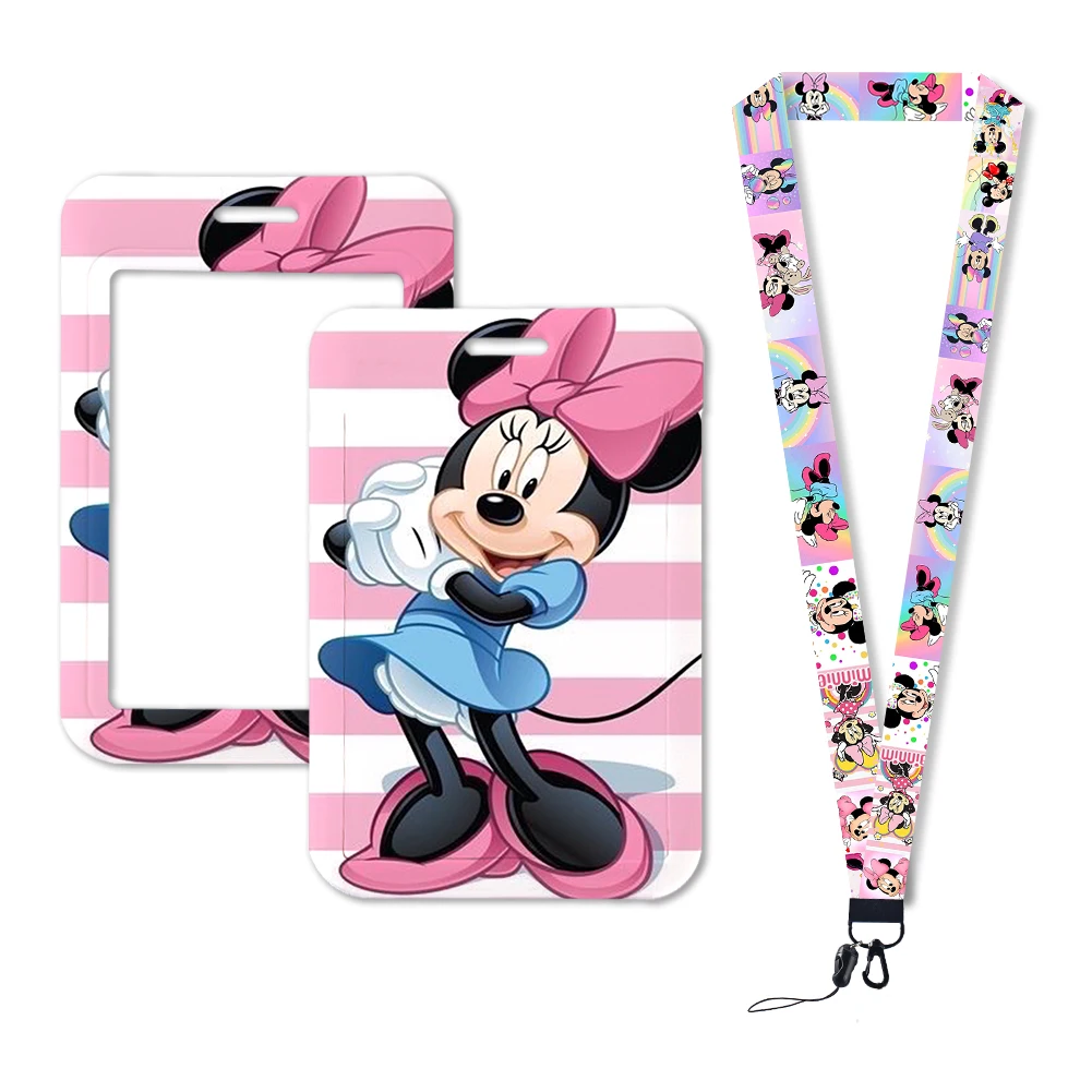 Disney-llavero de la serie rosa de Minnie y Mickey, bonito soporte para insignia, identificación, tarjeta de crédito, cuerda para colgar, accesorios para llaves, regalos