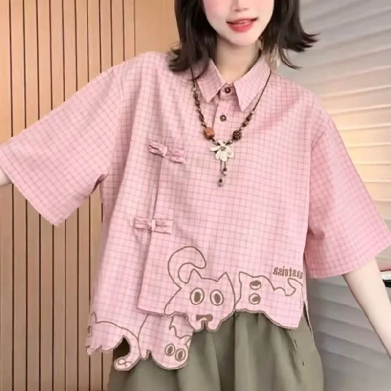Y2k Aesthetics Sweet Shirts Short Sleeve Plaid Cartoon Embroidery Irregular Blouses Japanese Cute Tops Design Women's Clothing