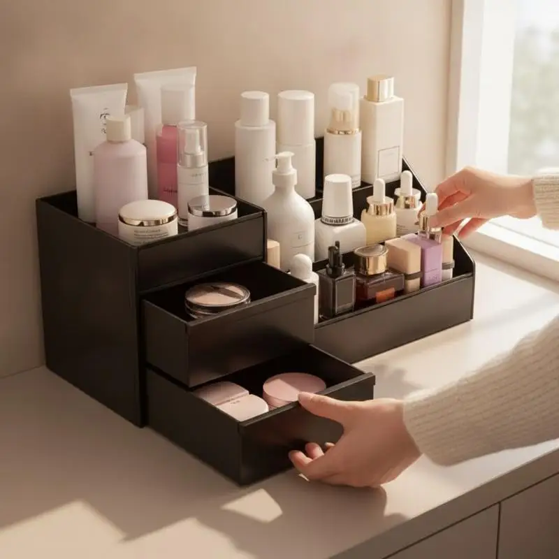 Cosmetics Storage Box with Drawer Clear Countertop Perfume Organizer for Skincare Lipstick Vanity Decor Valentine Gift