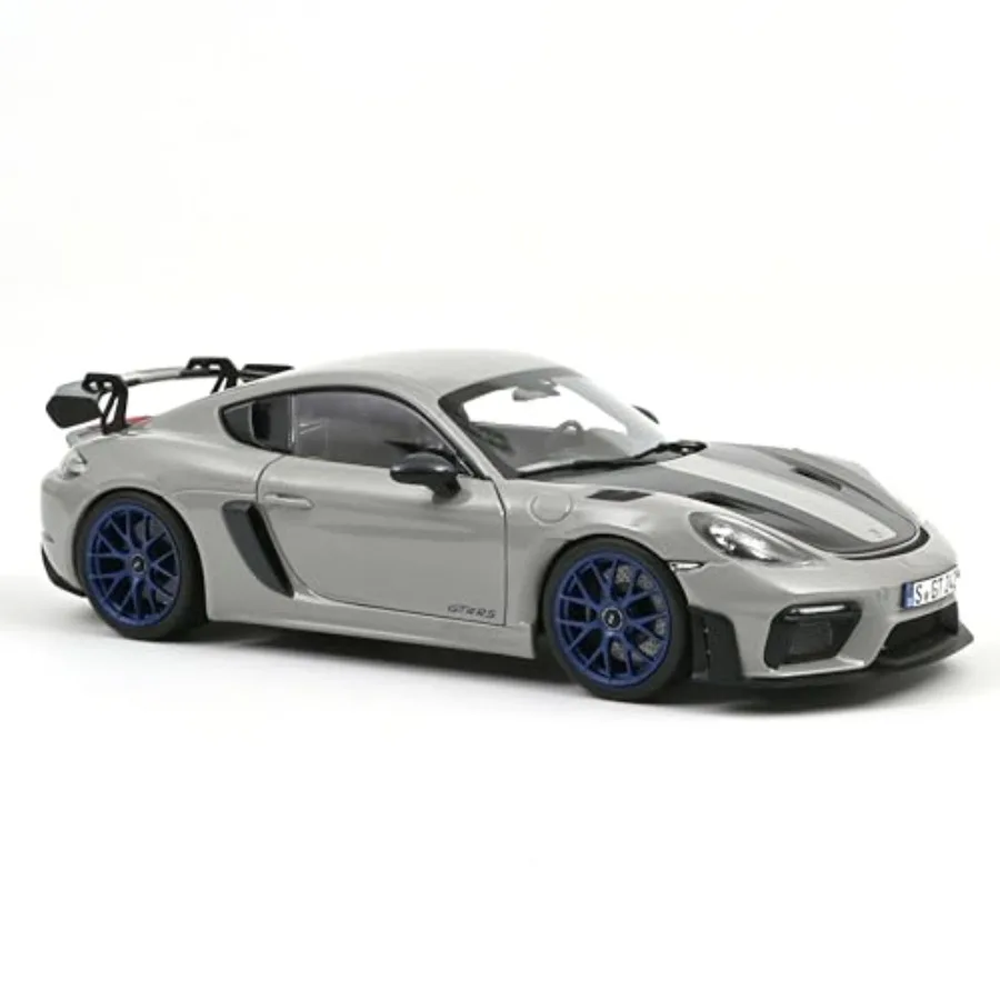 

2023 Porsche Cayman GT4 RS Weissach Pack Chalk Gray 1-18 Scale Diecast Model Car with Carbon Hood Stripes