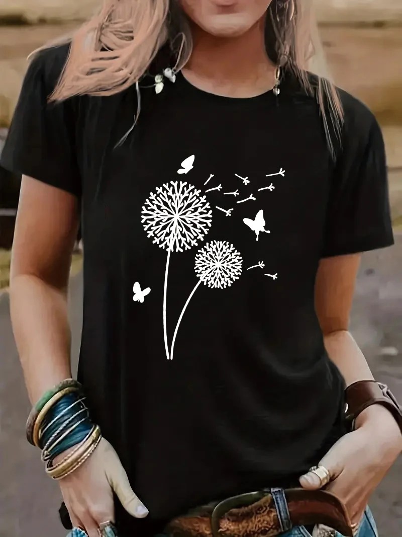 

2024 Dandelion Butterfly Graphic T-Shirt Women Summer Fashion Casual Short sleeved Minimalist Harajuku Creative Design Top tee